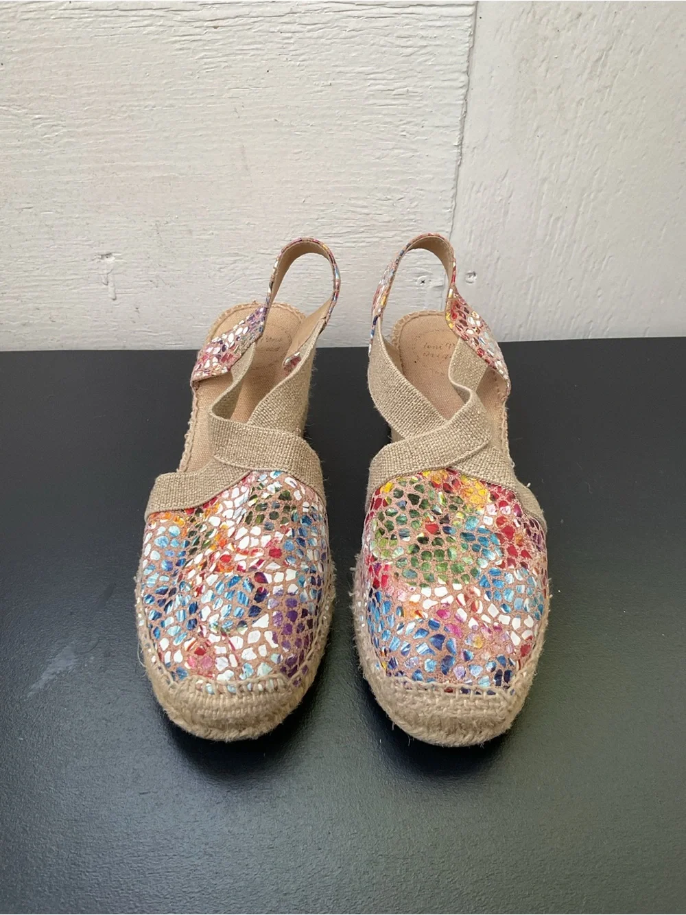 Multicolor Mosaic Espadrille Slingback with Beige Straps